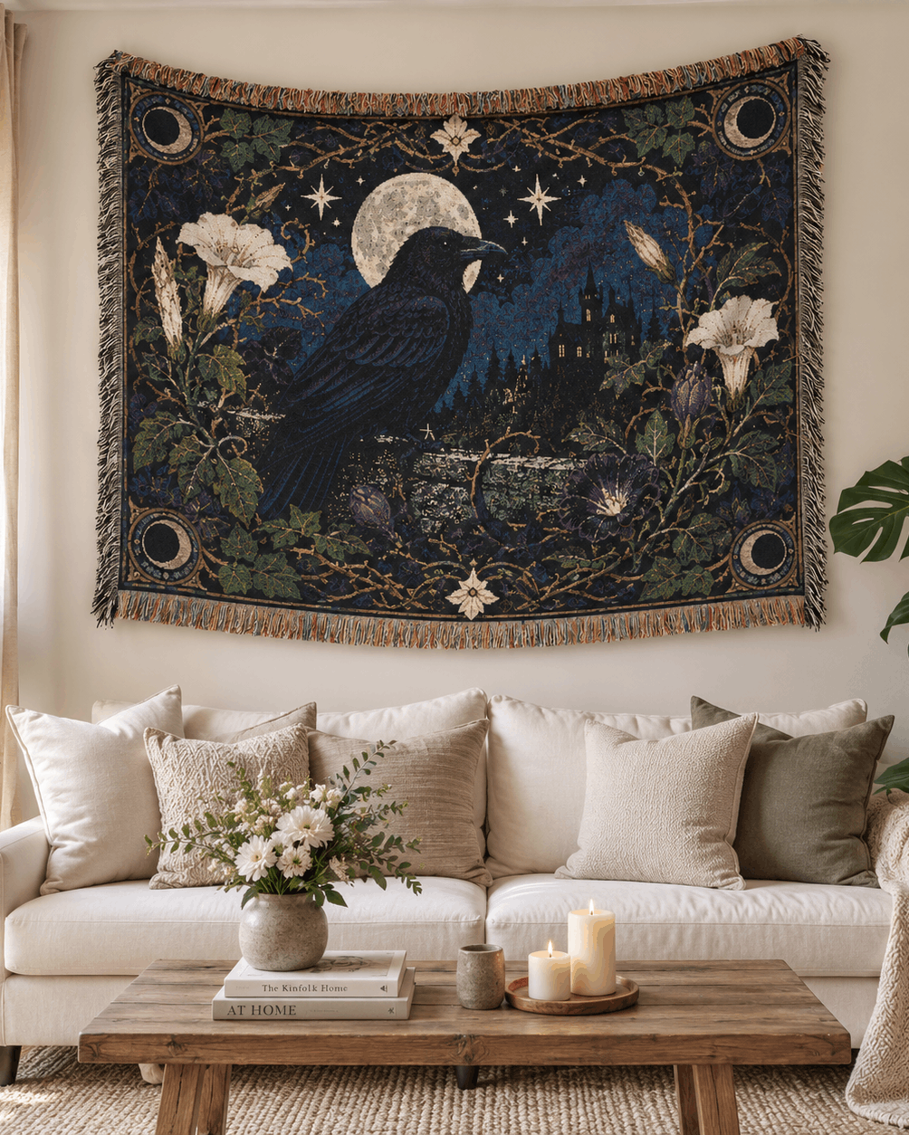 Raven Botanical Moon Crow Woven Blanket Tapestry | Dark Academia Tapestry