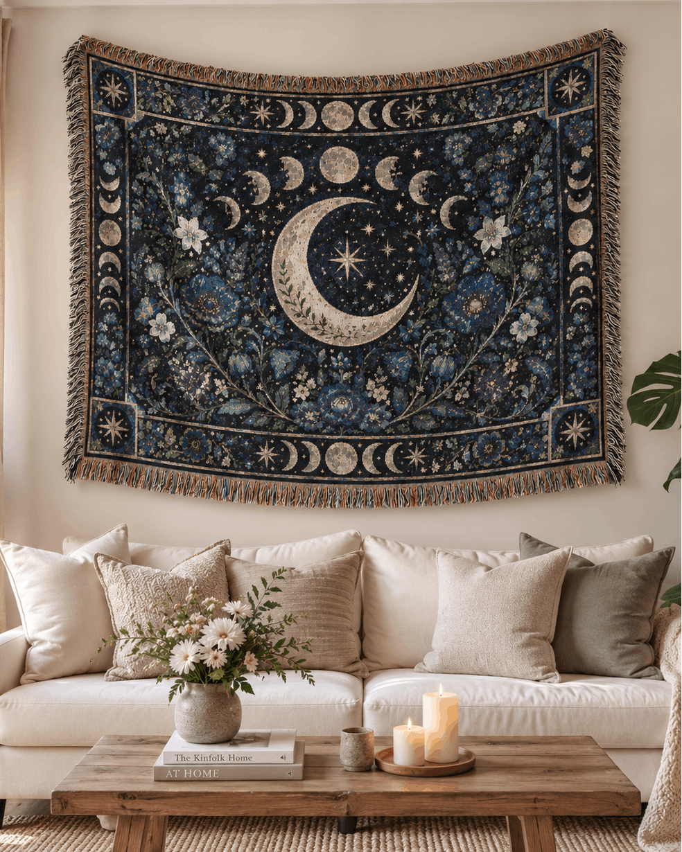 Cresent Moon Phase Tapestry Woven Blanket | Witchy Celestial Botanical Tapestry