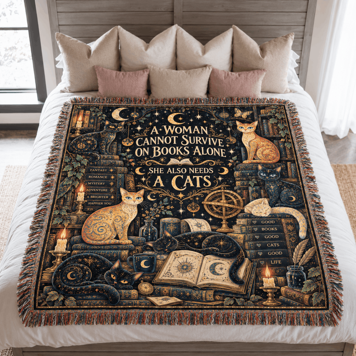 Books and Lunacats Woven Blanket