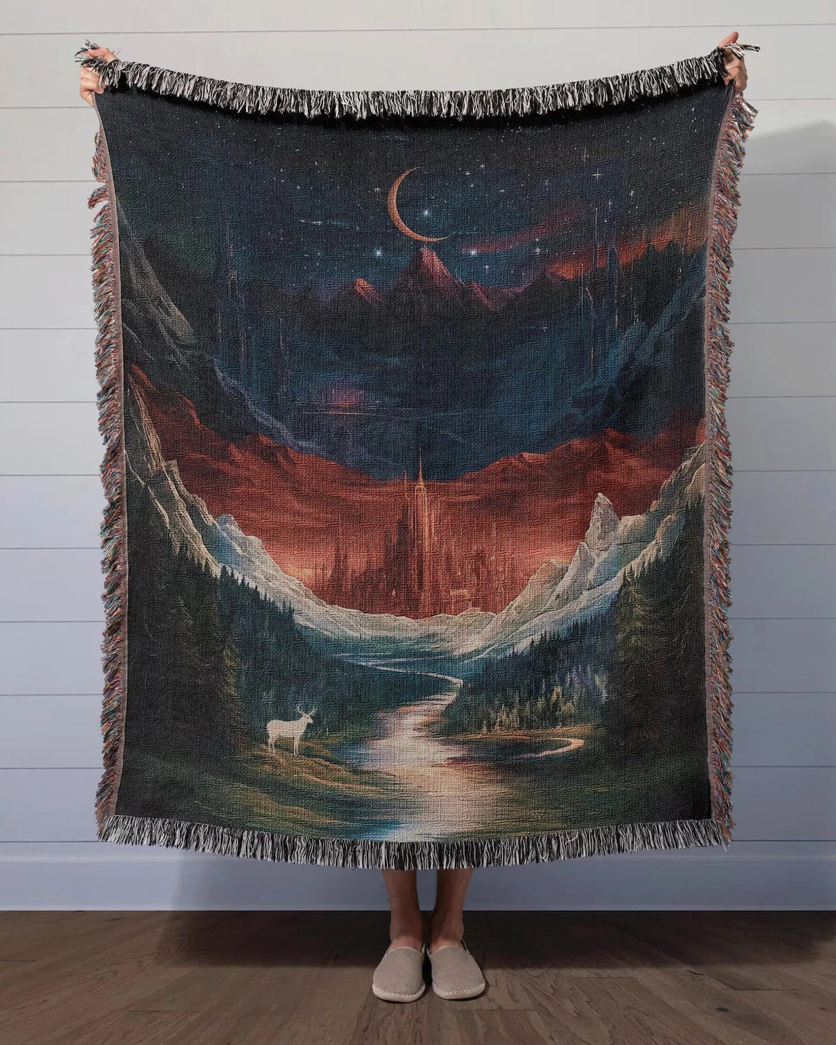 Celestial Mountain City Scene Woven Blanket
