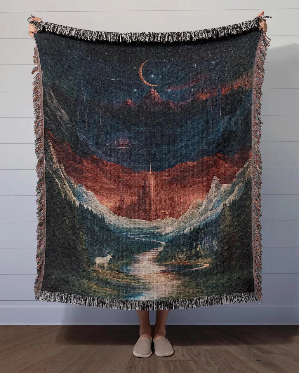 Celestial Mountain City Scene Woven Blanket