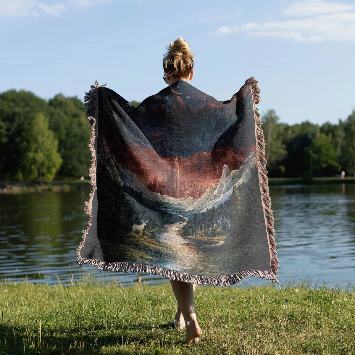 Celestial Mountain City Scene Woven Blanket