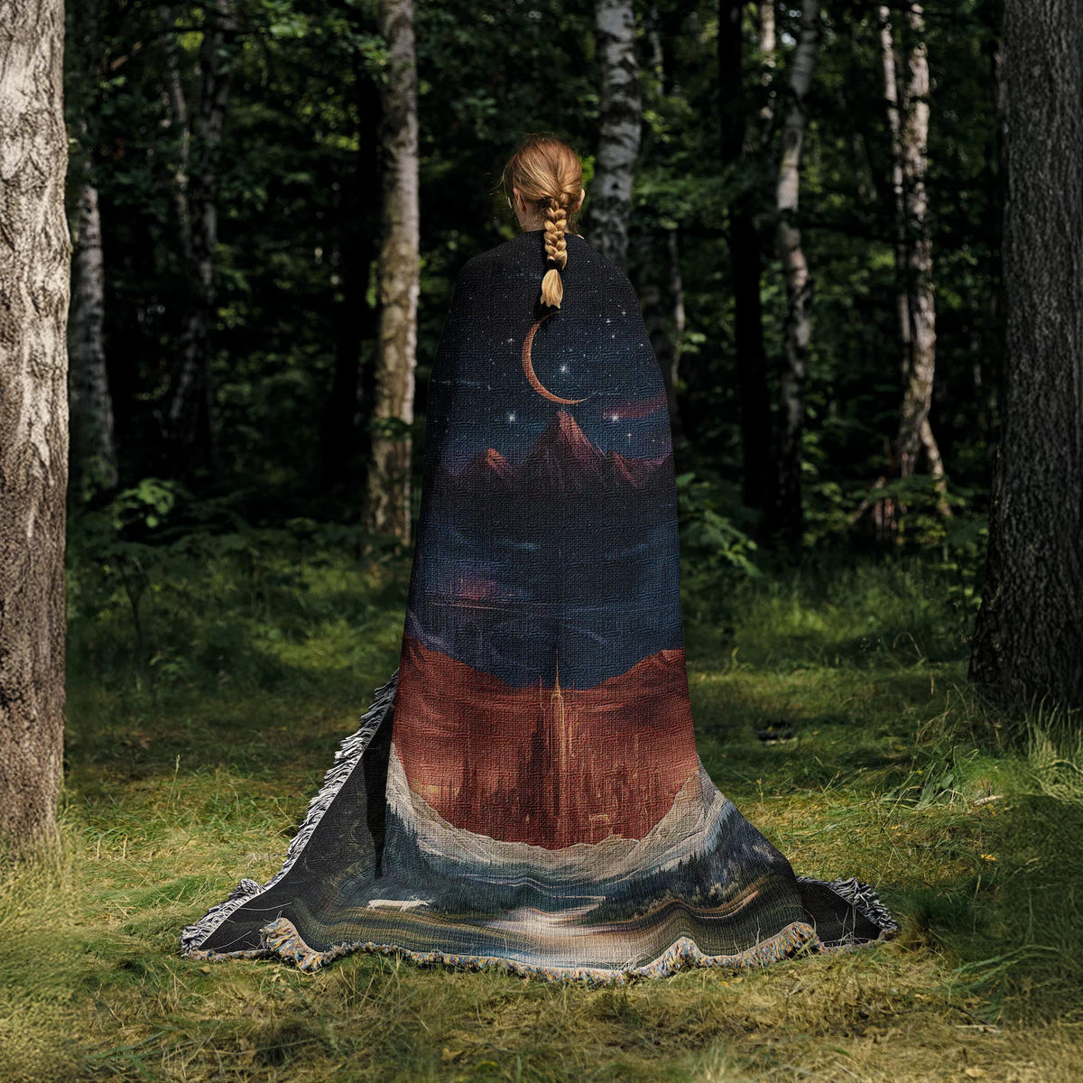 Celestial Mountain City Scene Woven Blanket