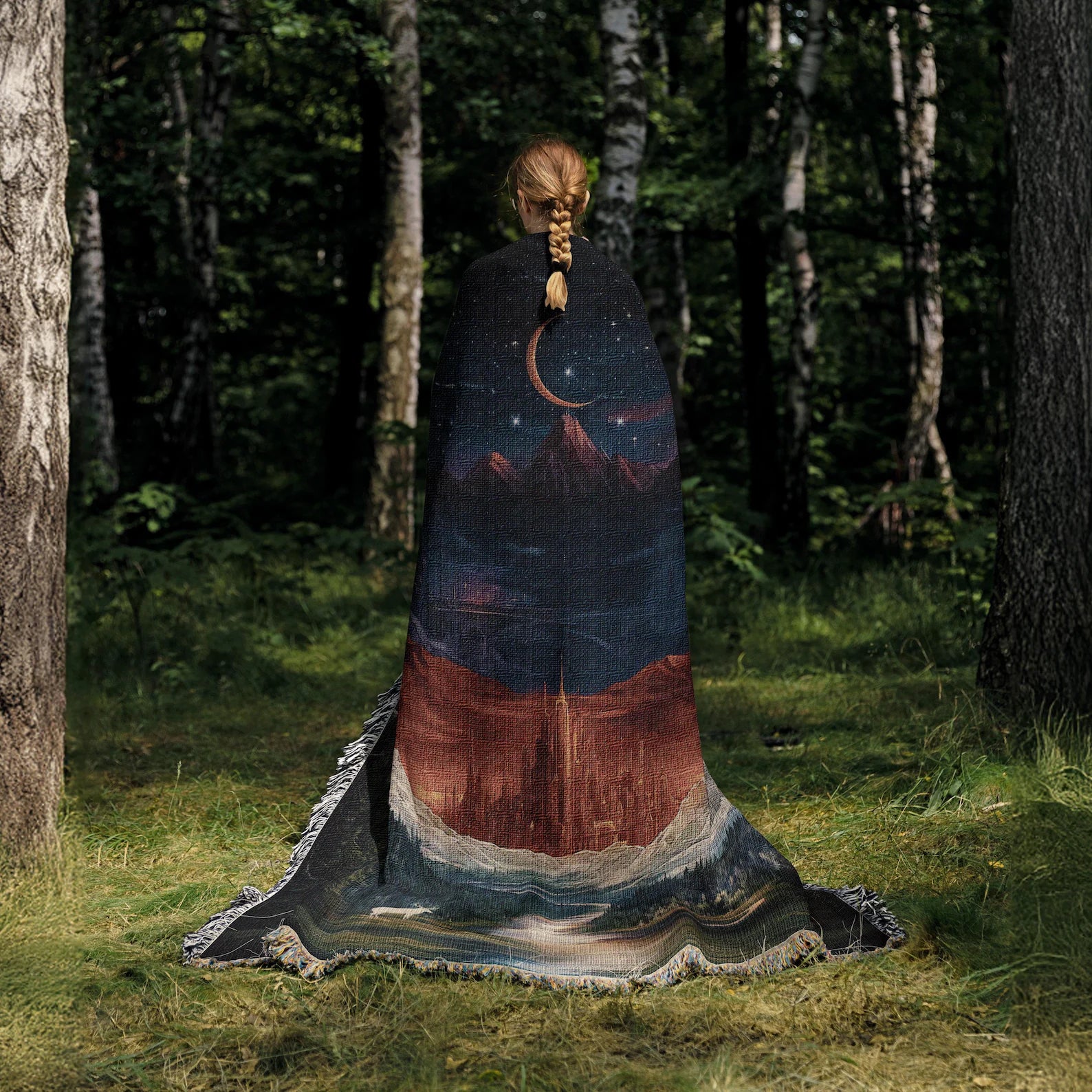 Celestial Mountain City Scene Woven Blanket