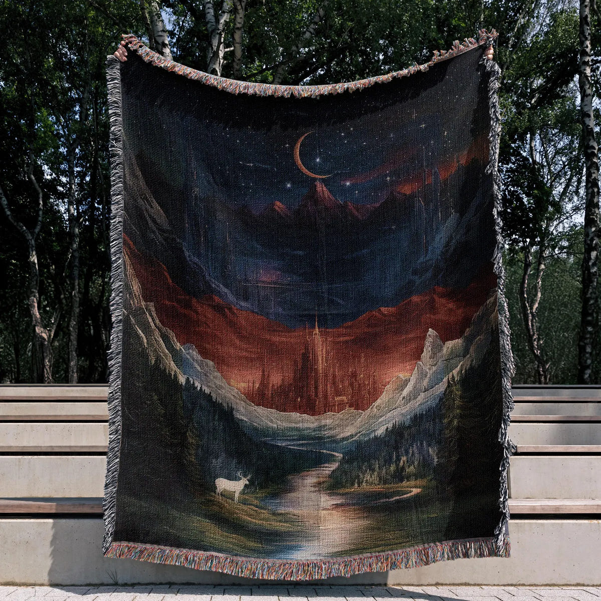 Celestial Mountain City Scene Woven Blanket