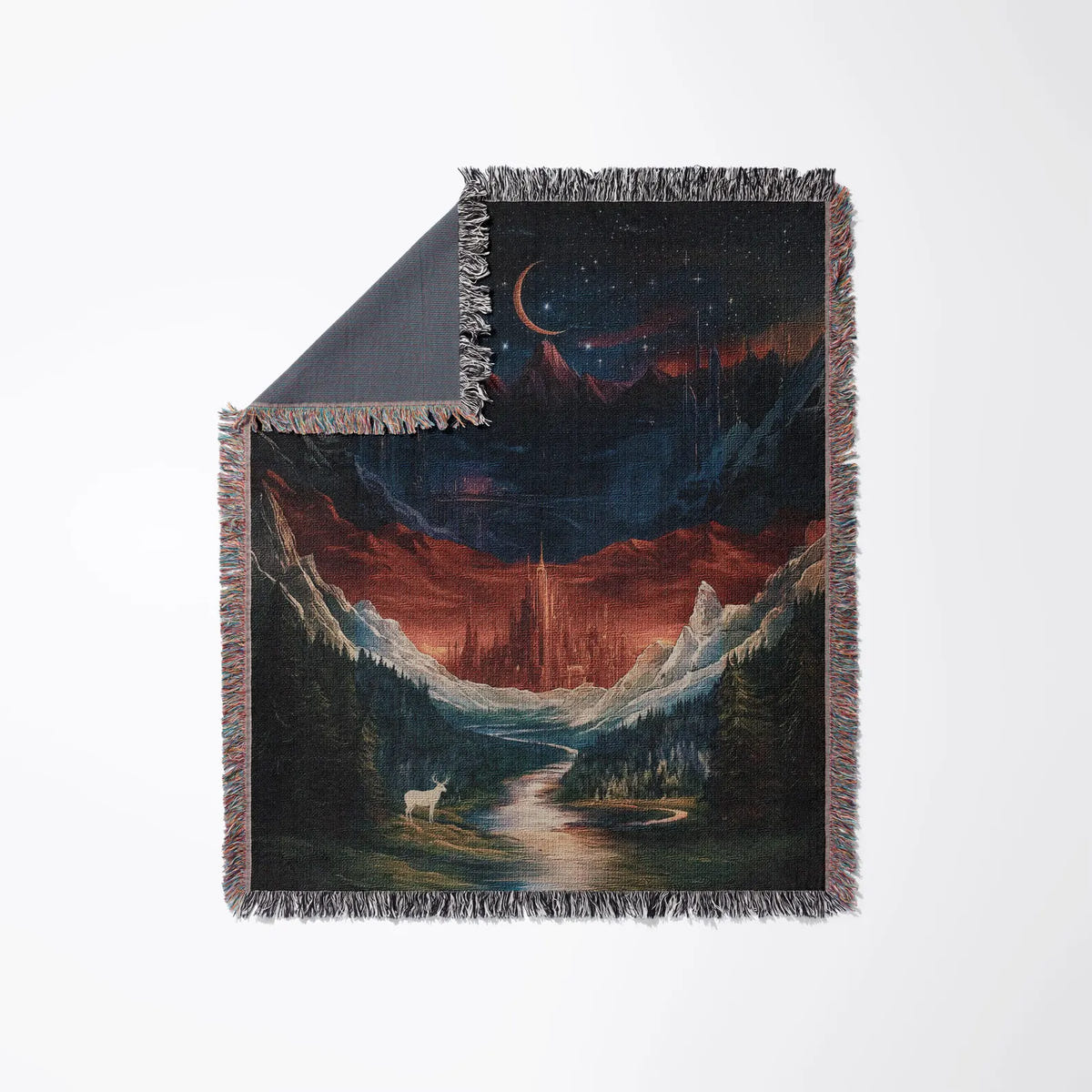 Celestial Mountain City Scene Woven Blanket