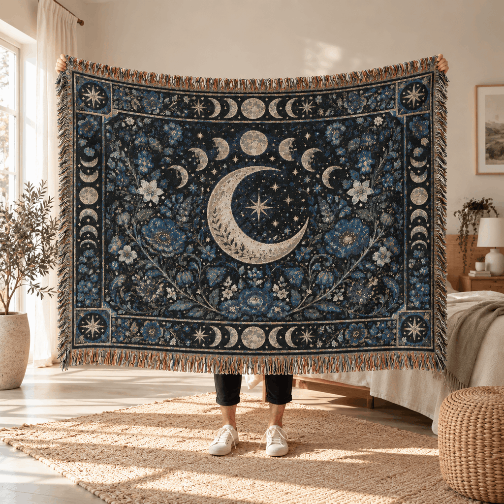 Cresent Moon Phase Tapestry Woven Blanket | Witchy Celestial Botanical Tapestry