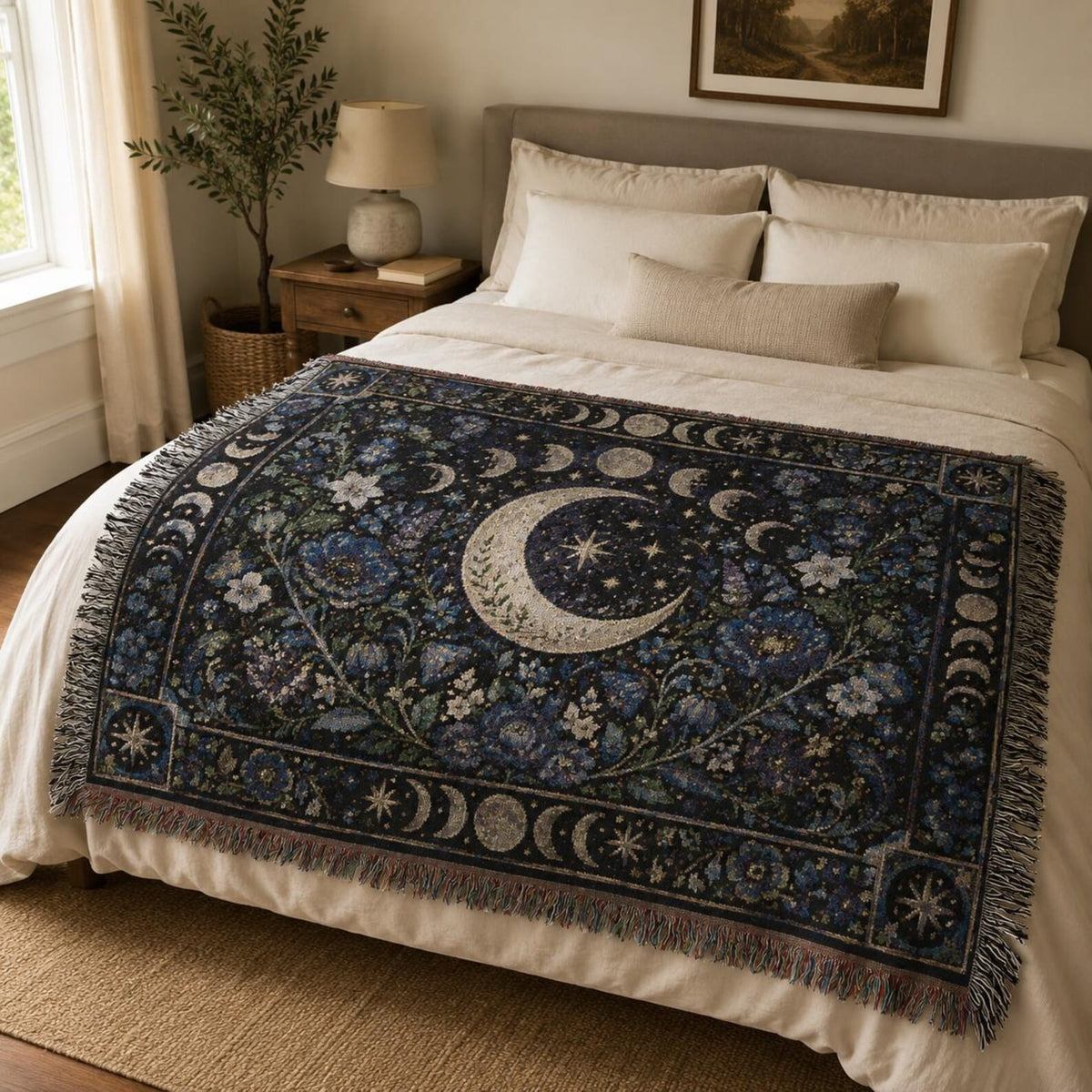 Cresent Moon Phase Tapestry Woven Blanket | Witchy Celestial Botanical Tapestry