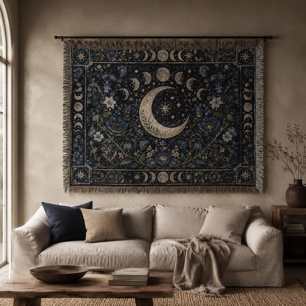 Cresent Moon Phase Tapestry Woven Blanket | Witchy Celestial Botanical Tapestry
