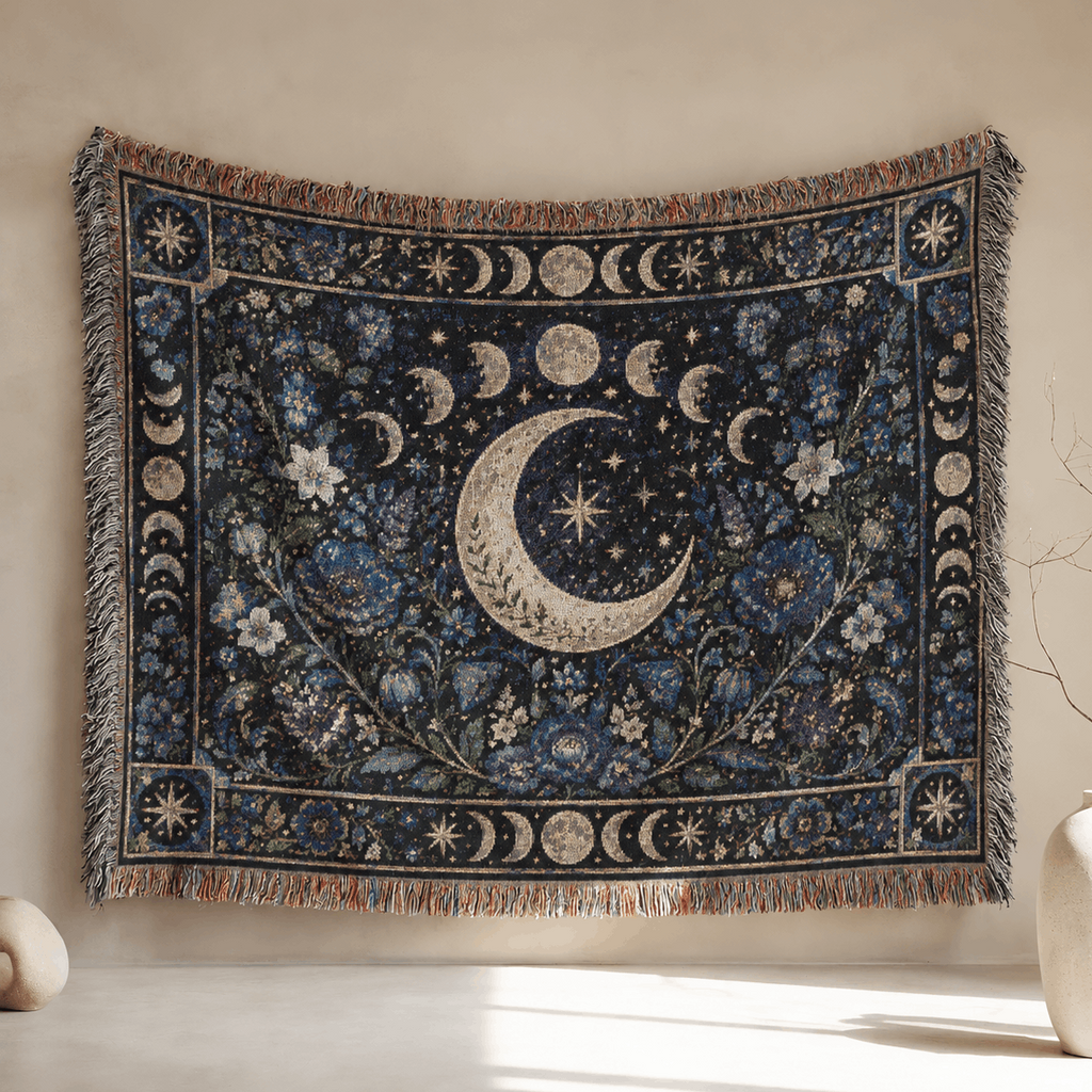 Cresent Moon Phase Tapestry Woven Blanket | Witchy Celestial Botanical Tapestry