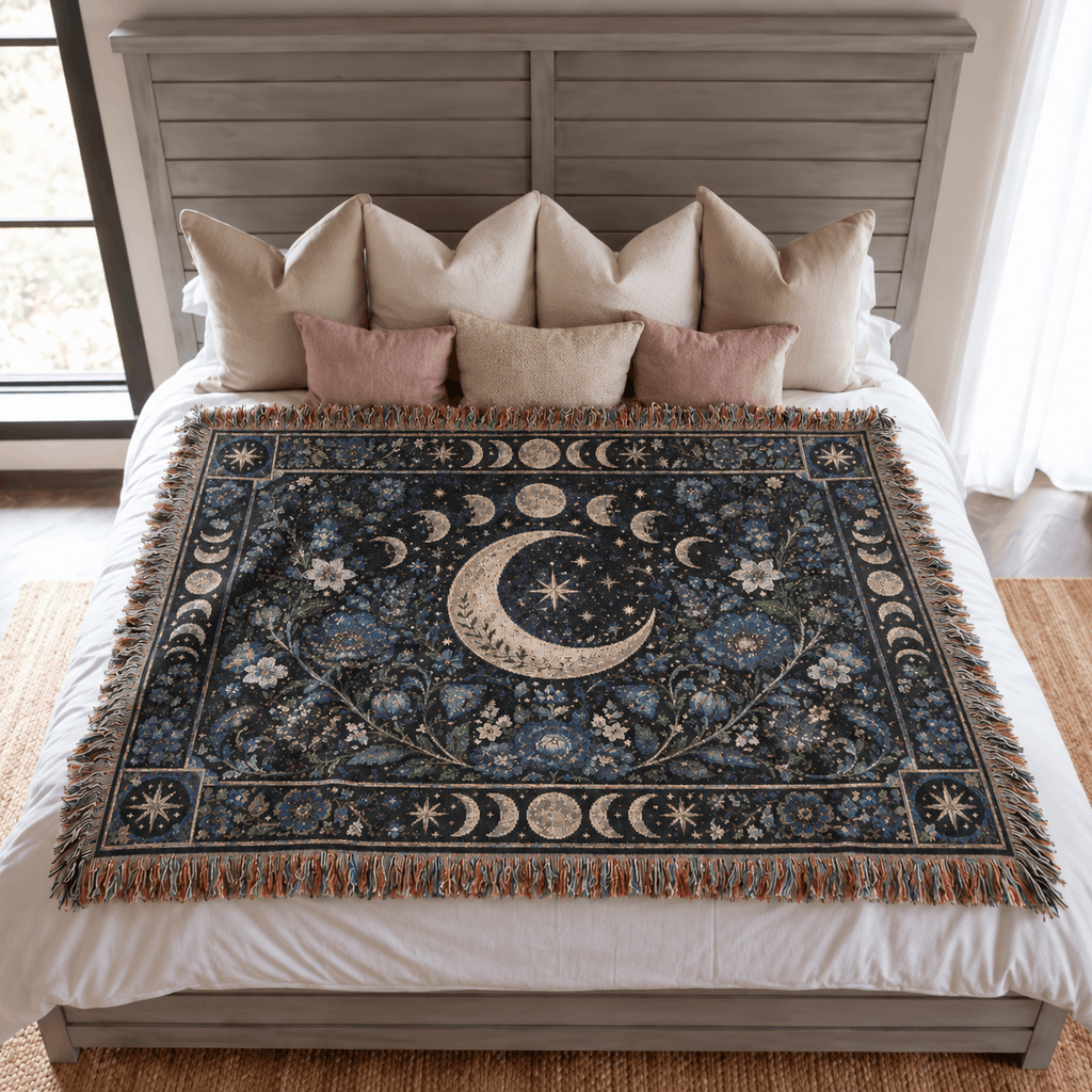 Cresent Moon Phase Tapestry Woven Blanket | Witchy Celestial Botanical Tapestry