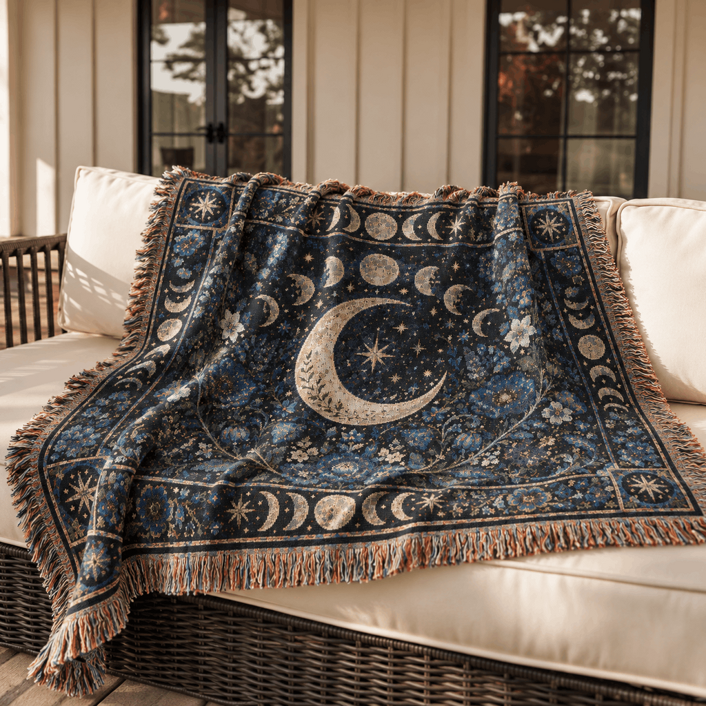 Cresent Moon Phase Tapestry Woven Blanket | Witchy Celestial Botanical Tapestry