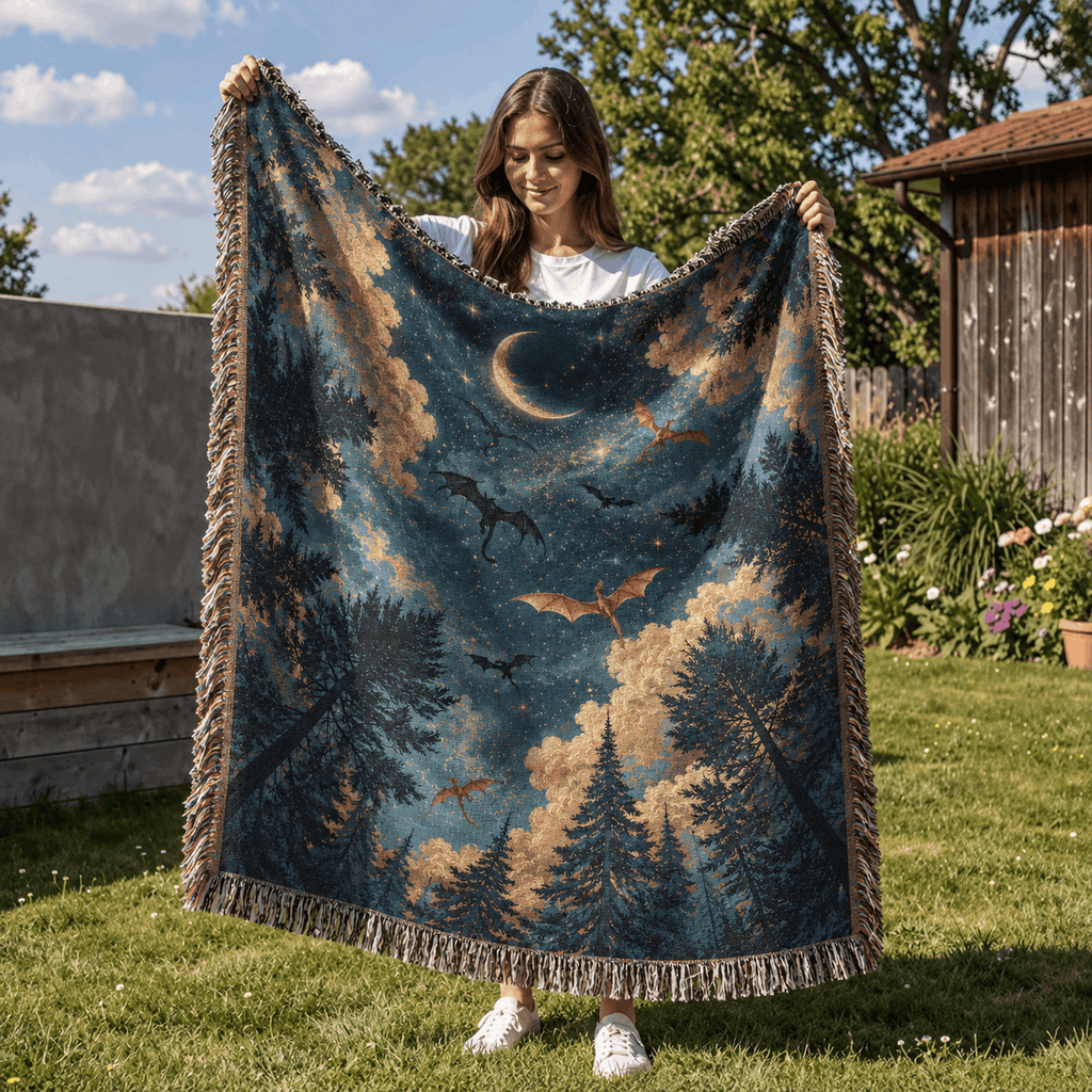 Enchanted Night Sky Dragons Woven Blanket Tapestry