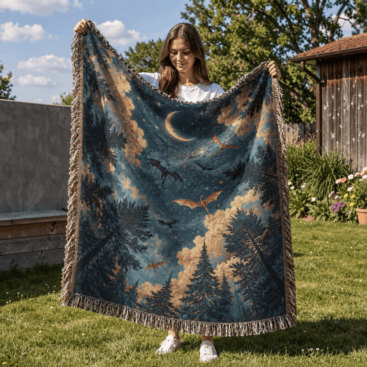 Enchanted Night Sky Dragons Woven Blanket Tapestry