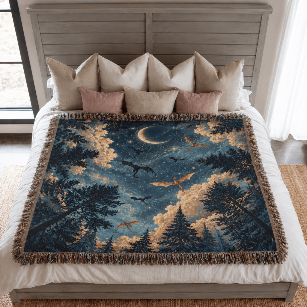 Enchanted Night Sky Dragons Woven Blanket Tapestry