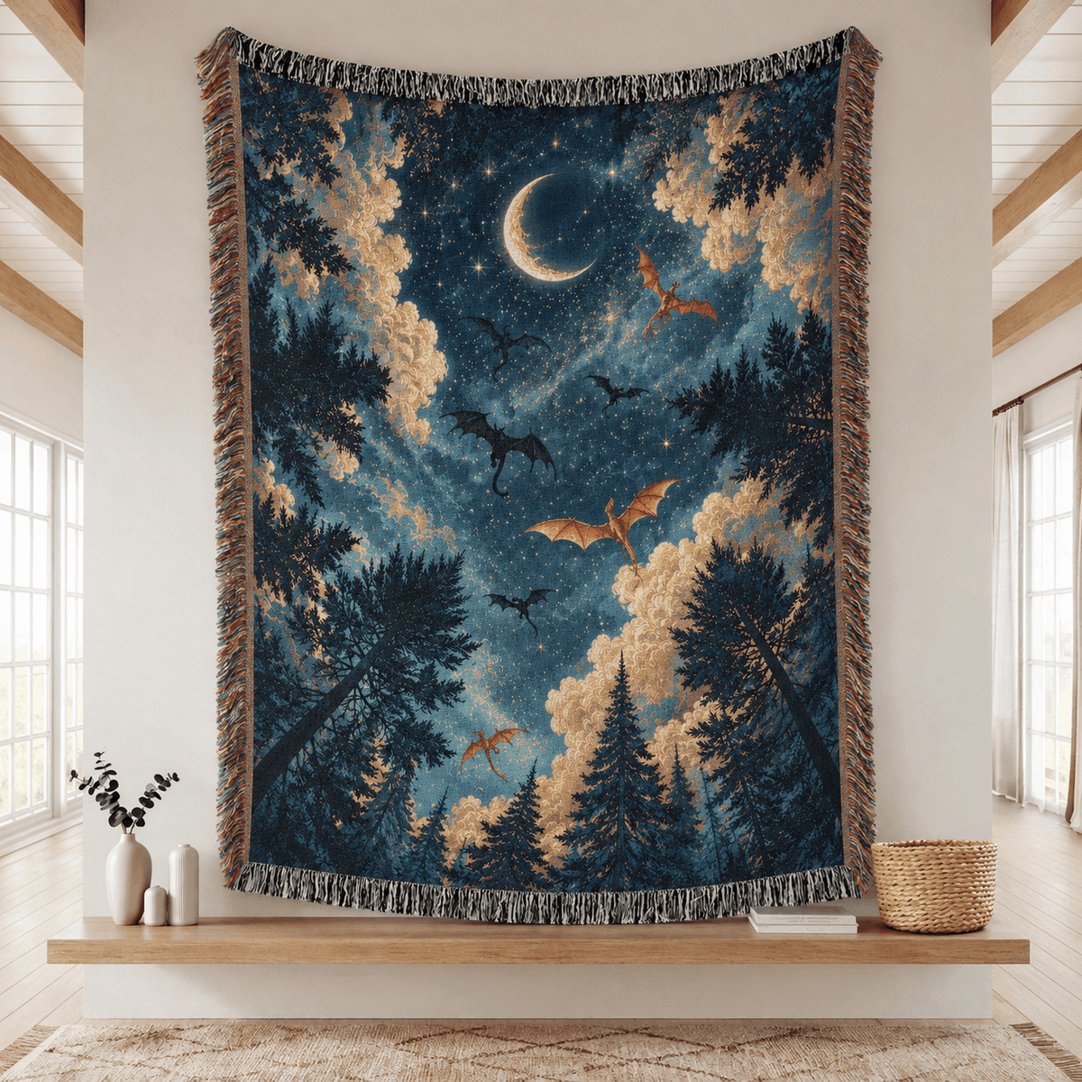 Enchanted Night Sky Dragons Woven Blanket Tapestry
