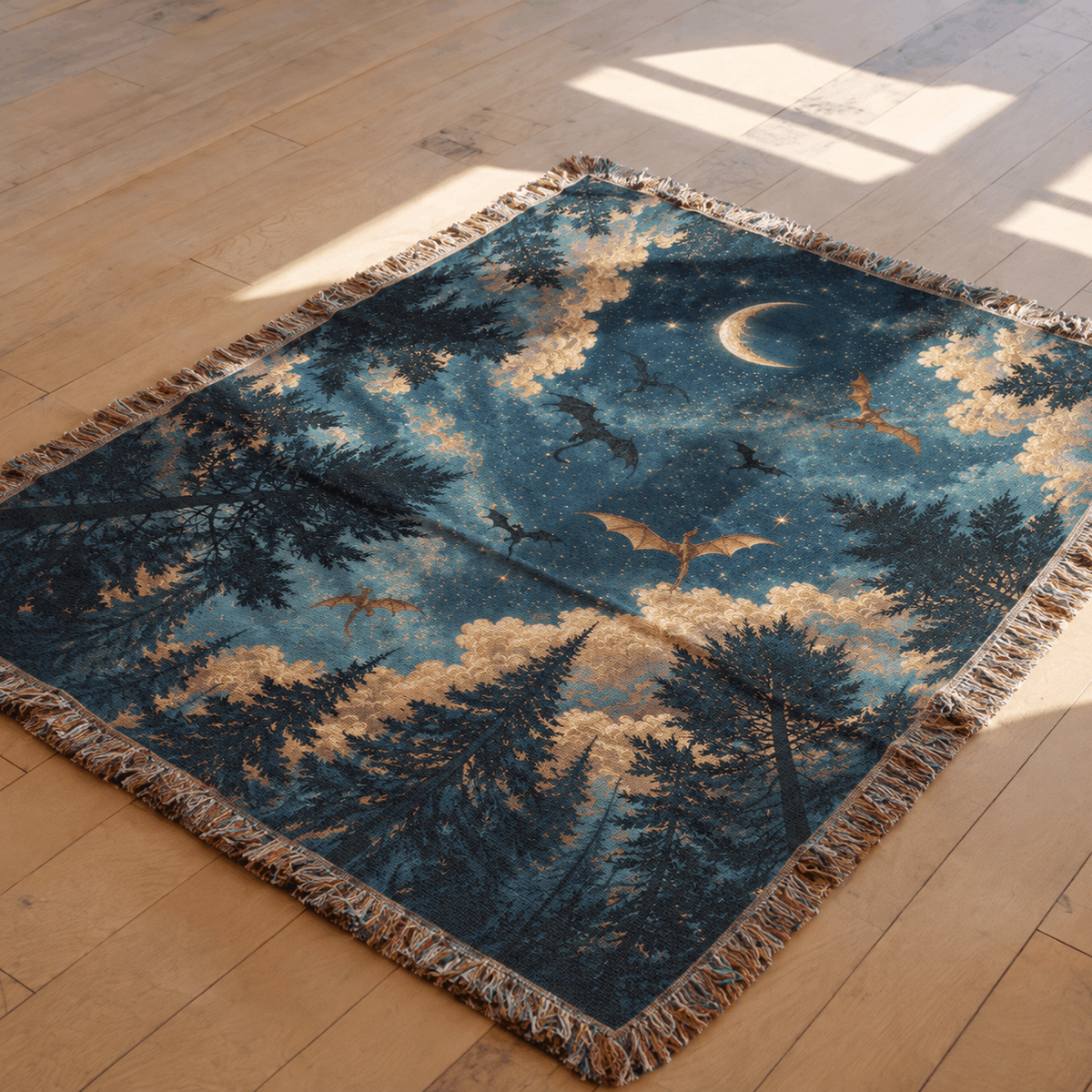 Enchanted Night Sky Dragons Woven Blanket Tapestry
