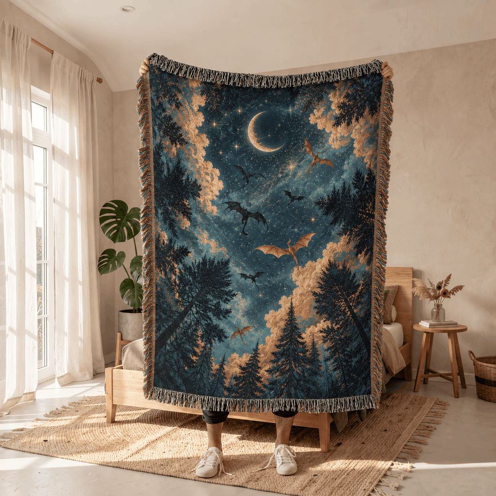 Enchanted Night Sky Dragons Woven Blanket Tapestry