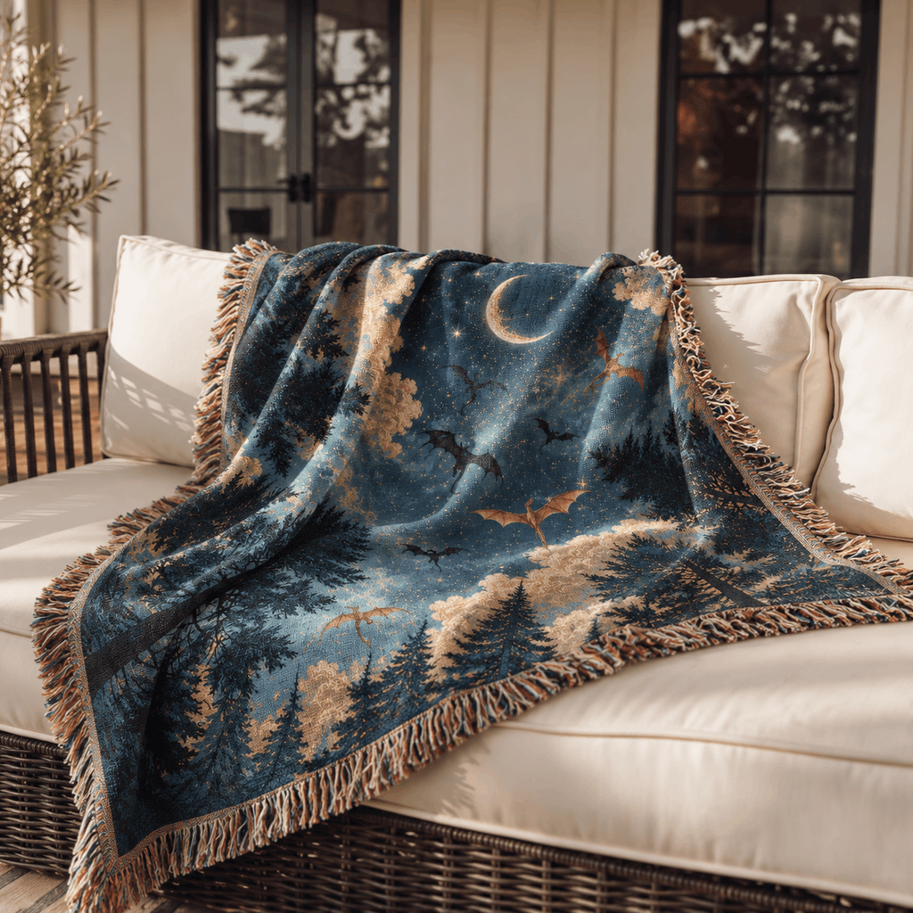 Enchanted Night Sky Dragons Woven Blanket Tapestry