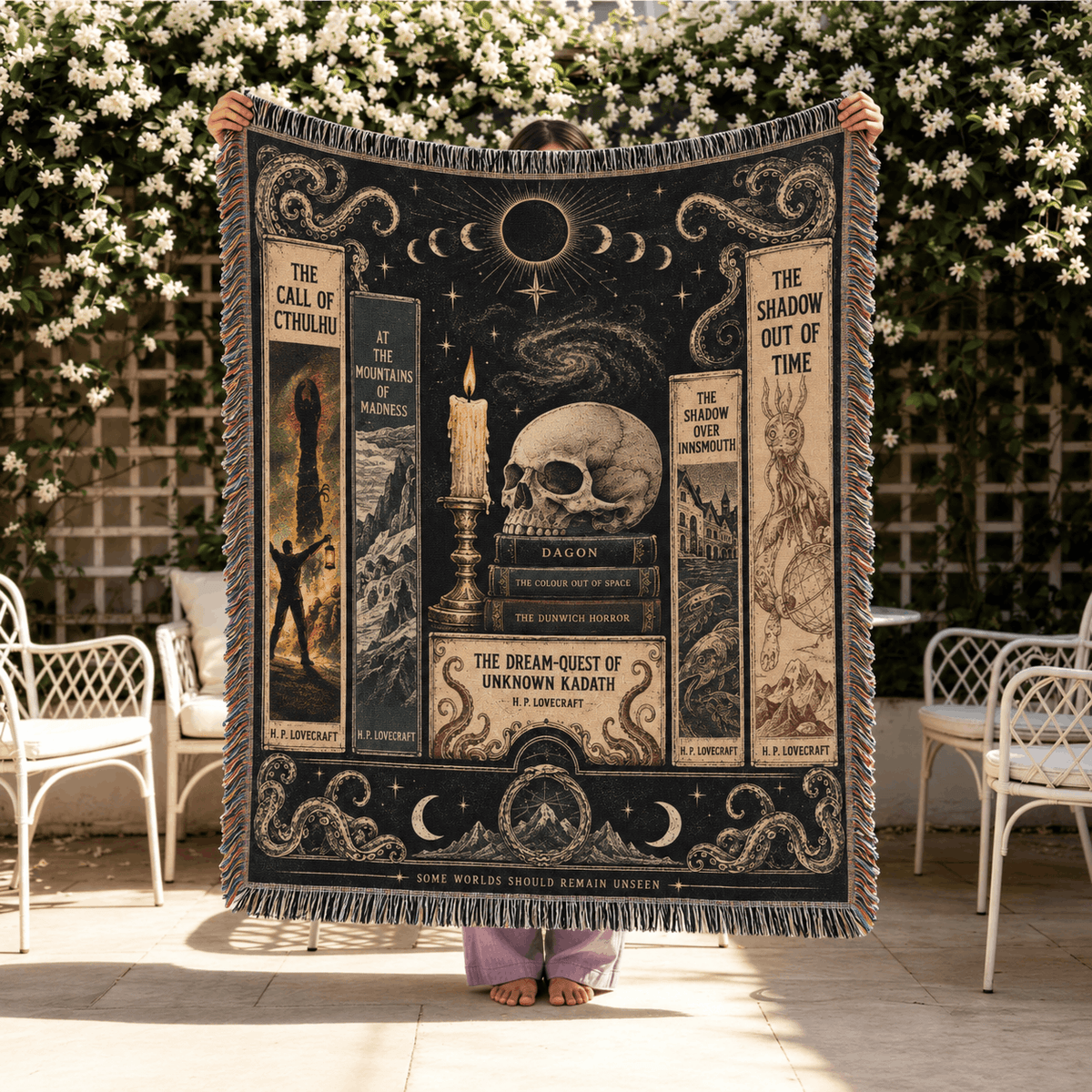Lovecraftian Horror Books Woven Blanket