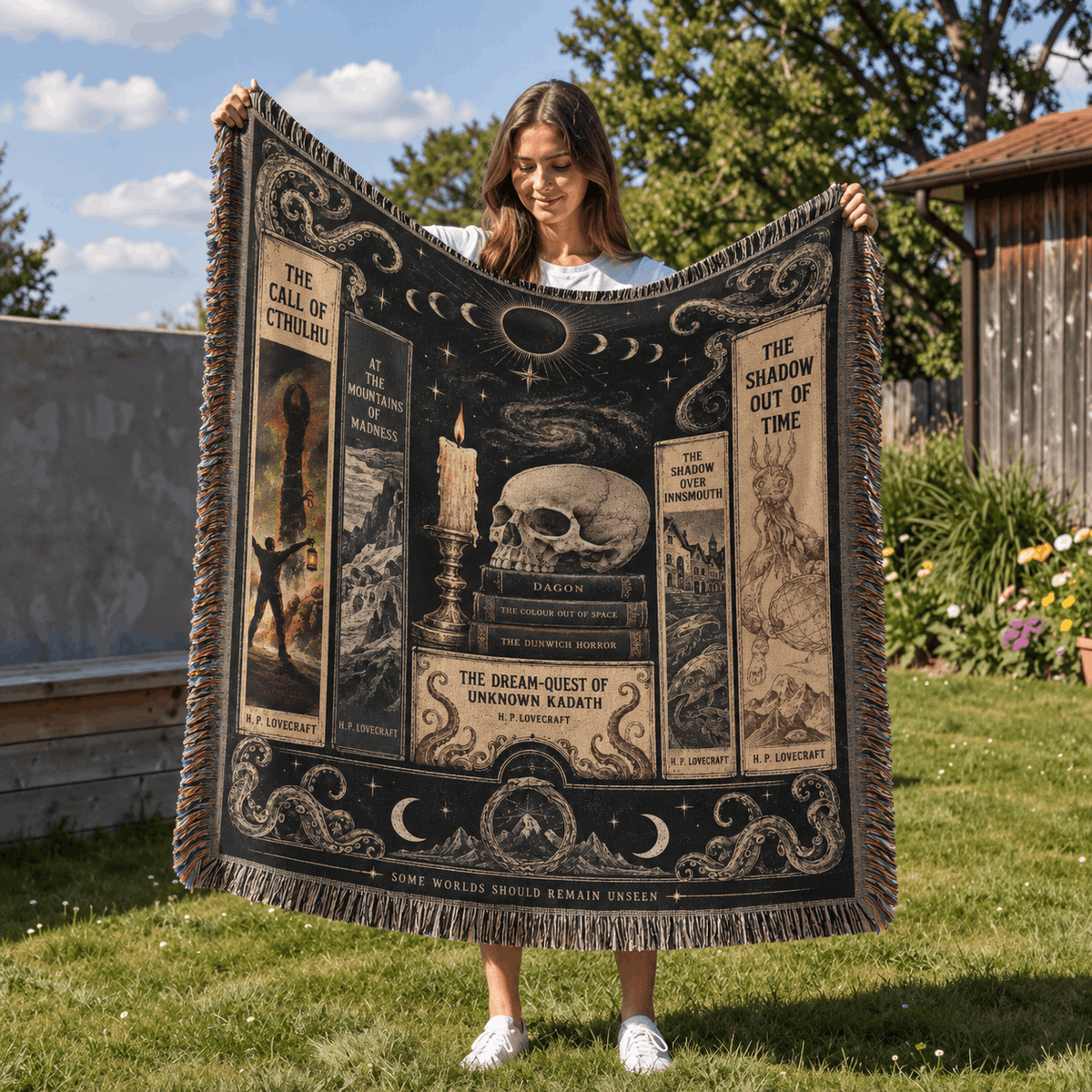 Lovecraftian Horror Books Woven Blanket