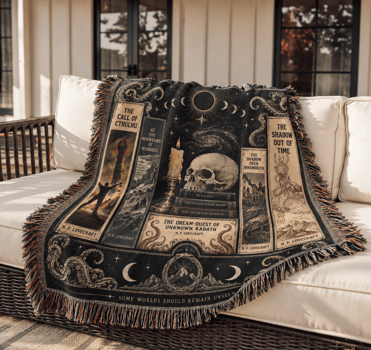 Lovecraftian Horror Books Woven Blanket