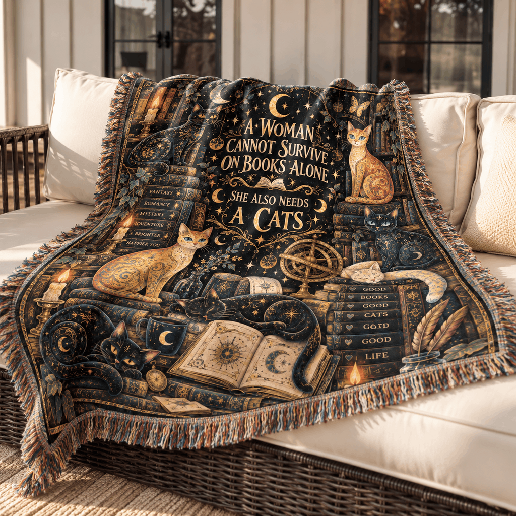 Books and Lunacats Woven Blanket