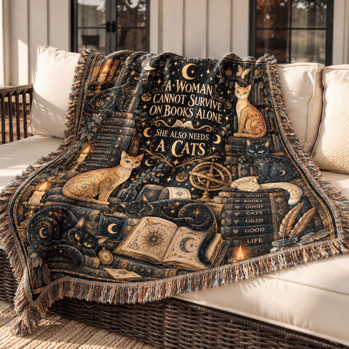 Books and Lunacats Woven Blanket