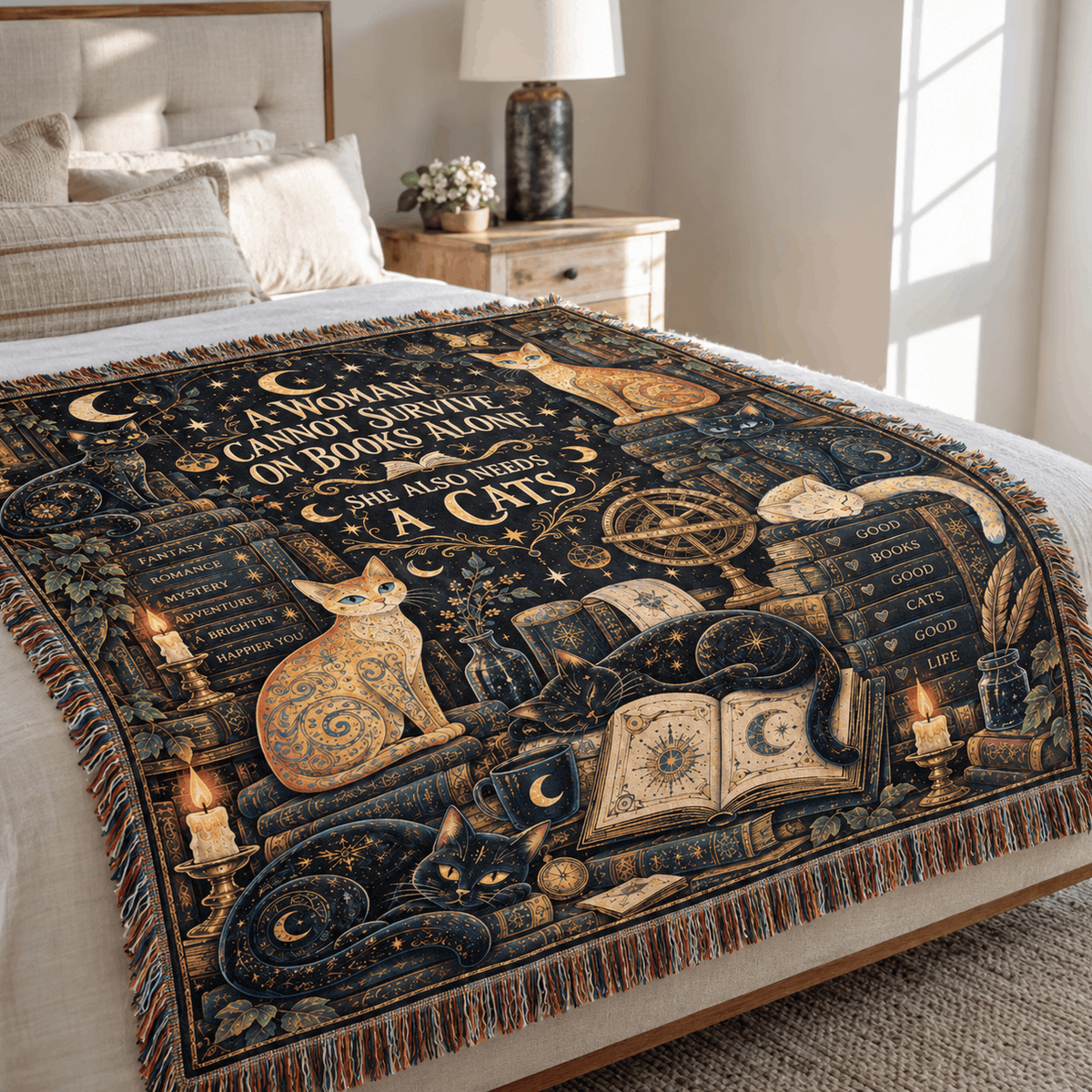 Books and Lunacats Woven Blanket