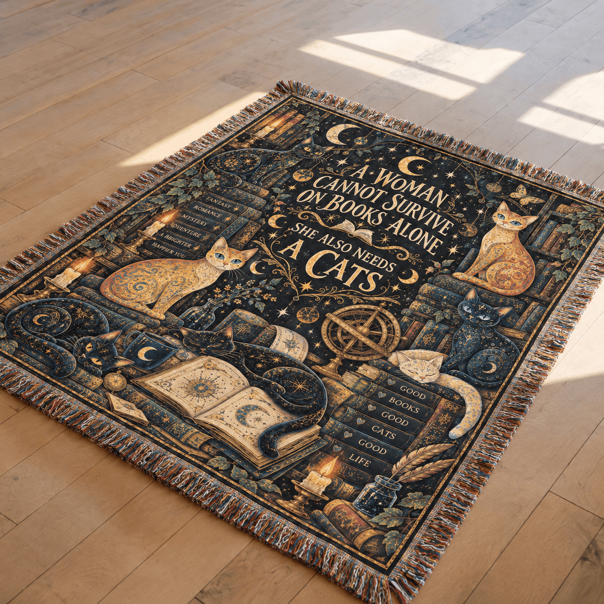 Books and Lunacats Woven Blanket