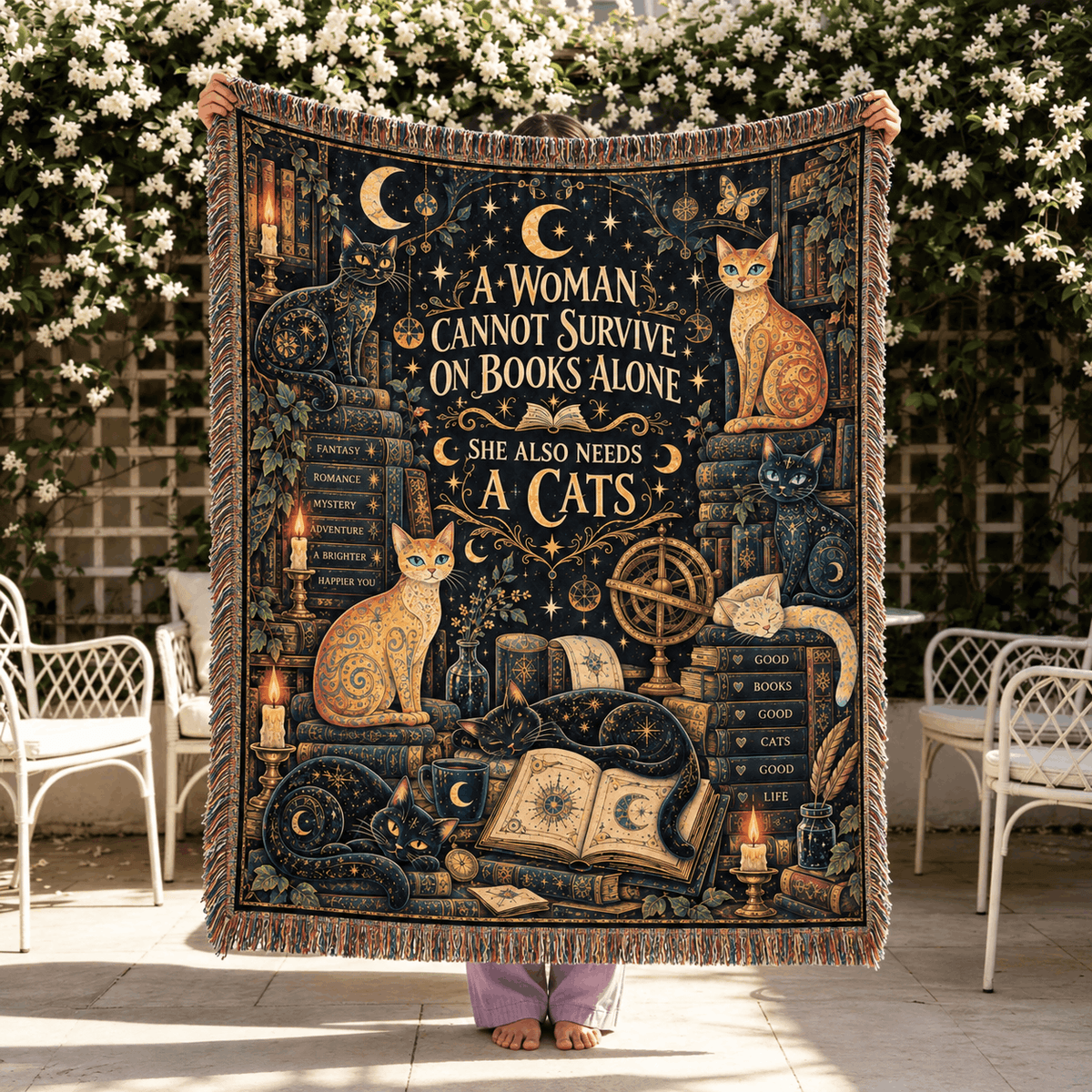 Books and Lunacats Woven Blanket