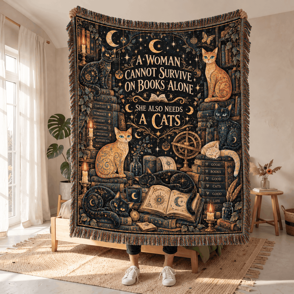 Books and Lunacats Woven Blanket