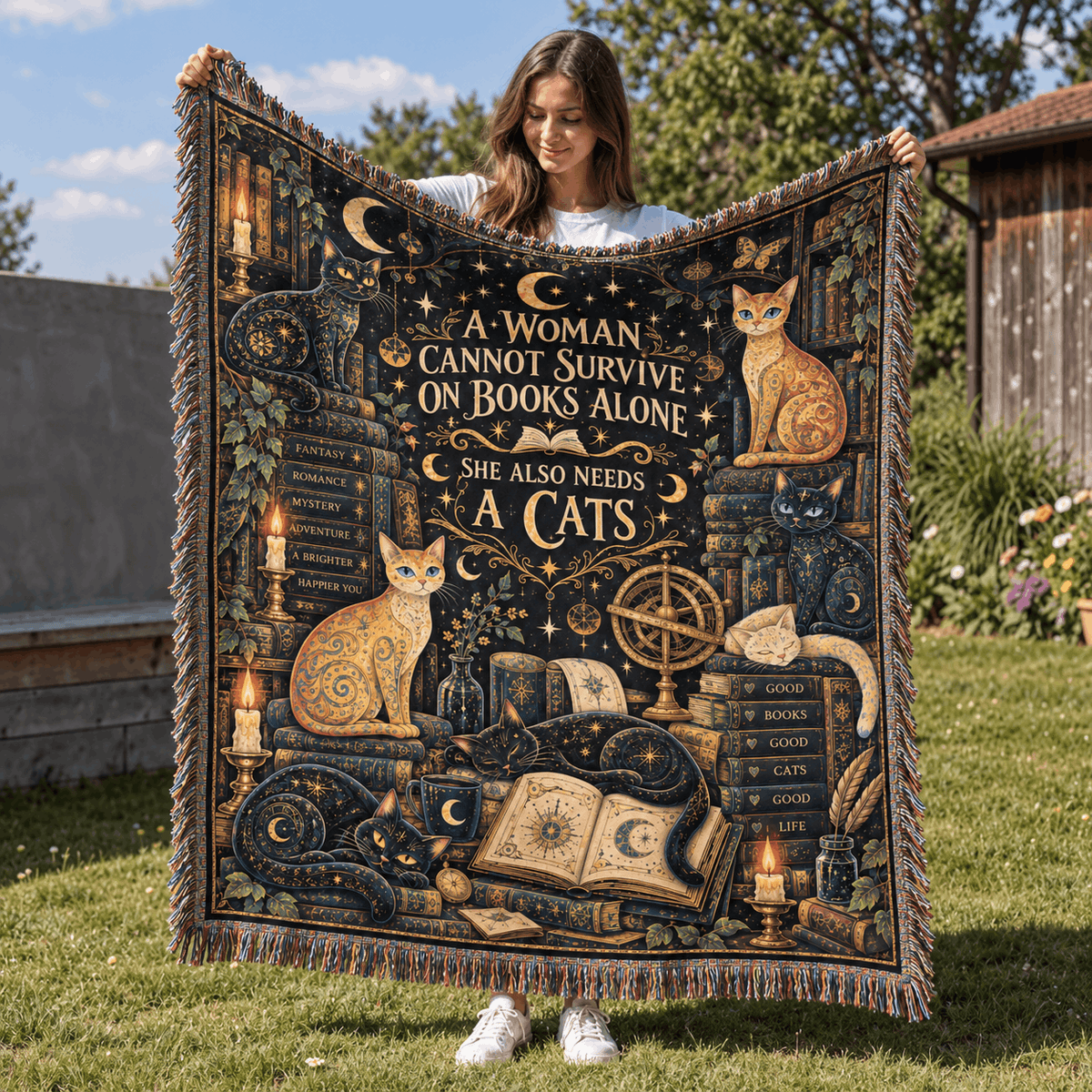 Books and Lunacats Woven Blanket