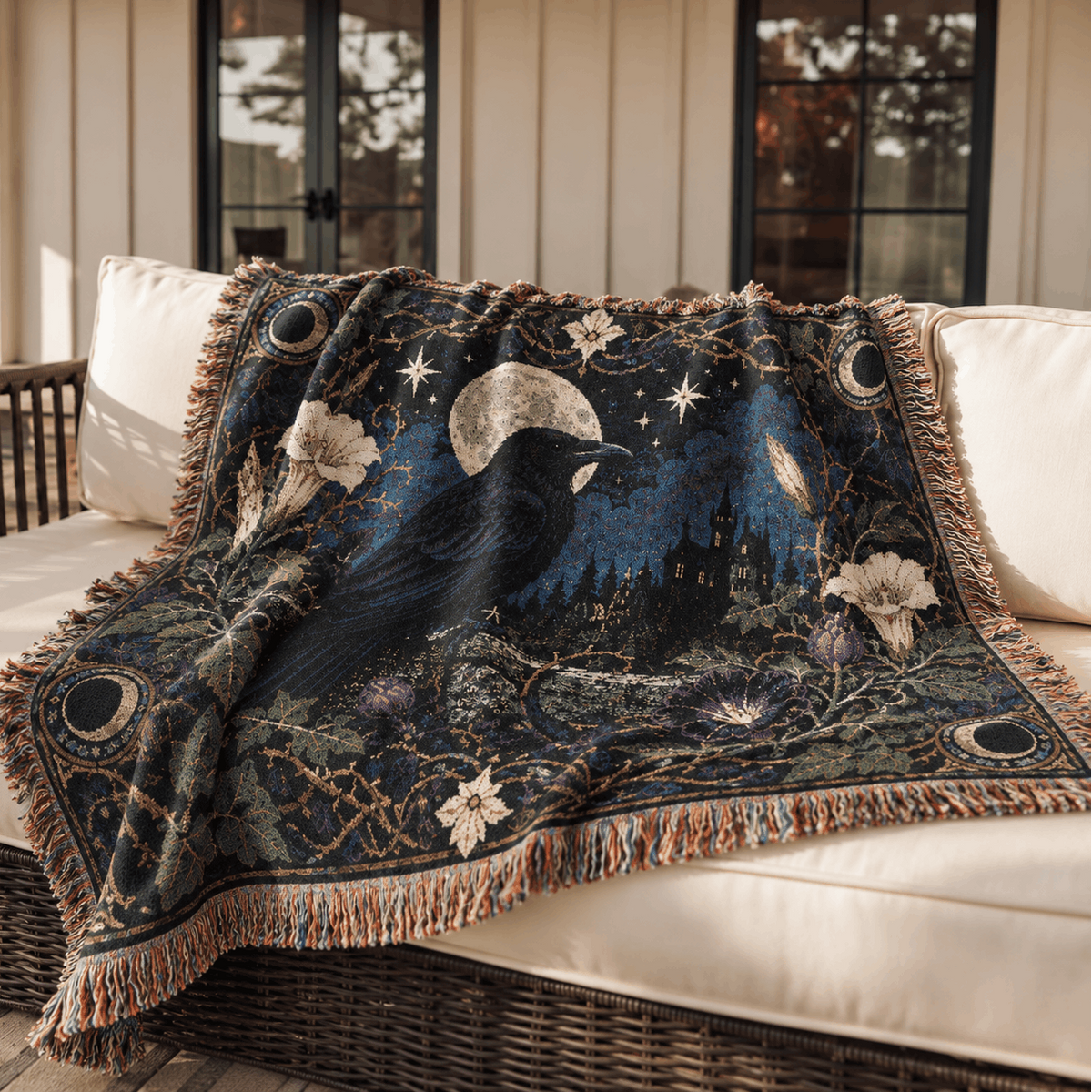 Raven Botanical Moon Crow Woven Blanket Tapestry | Dark Academia Tapestry