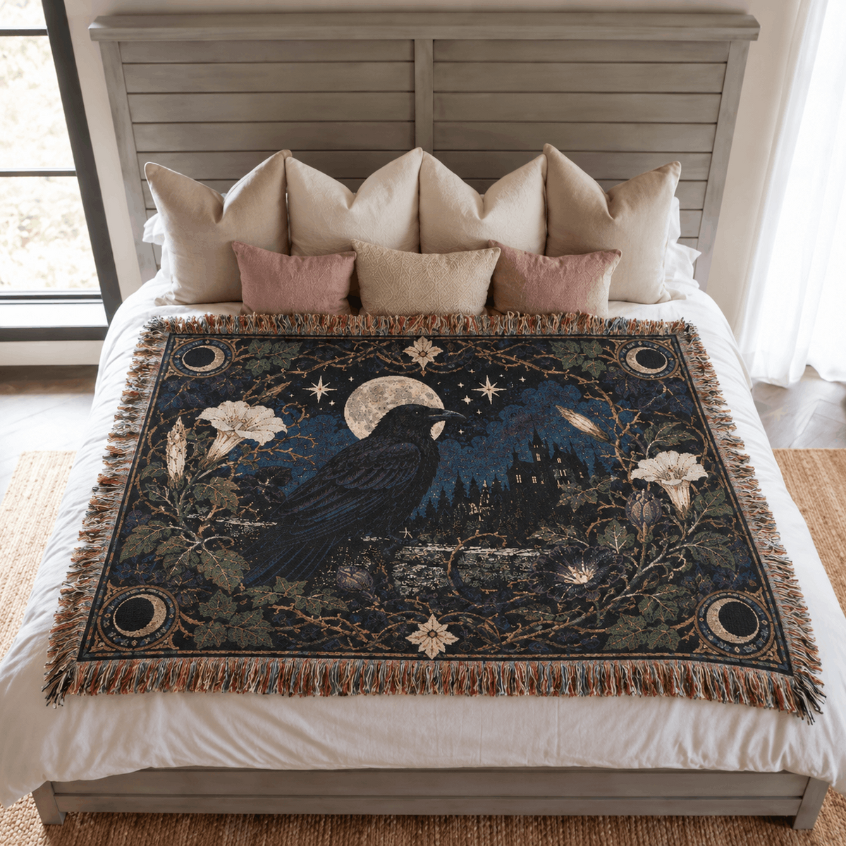 Raven Botanical Moon Crow Woven Blanket Tapestry | Dark Academia Tapestry