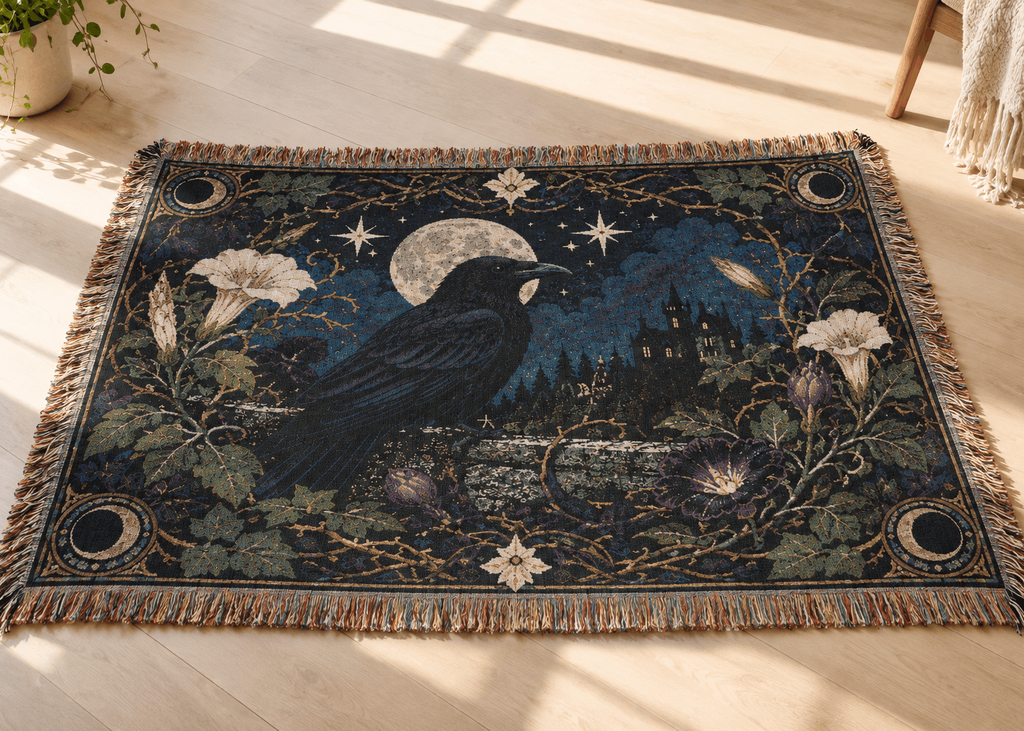 Raven Botanical Moon Crow Woven Blanket Tapestry | Dark Academia Tapestry