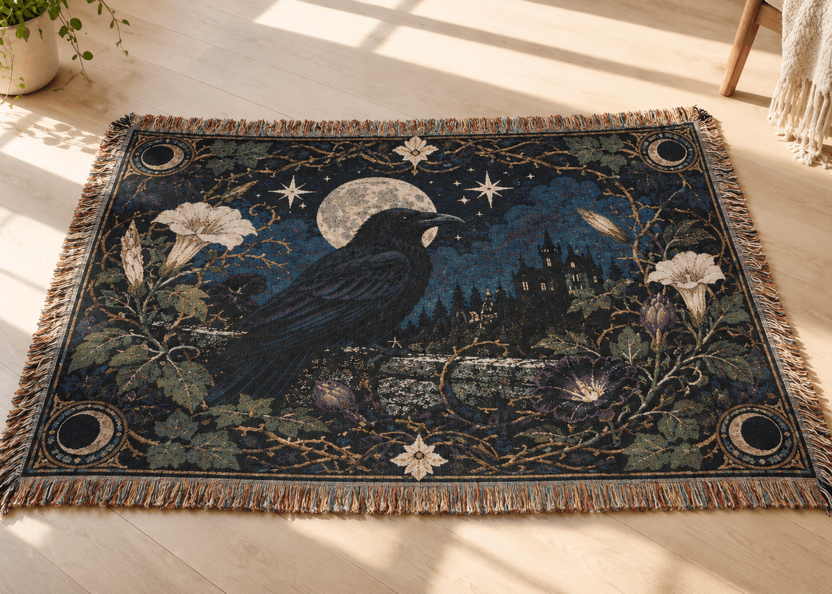 Raven Botanical Moon Crow Woven Blanket Tapestry | Dark Academia Tapestry