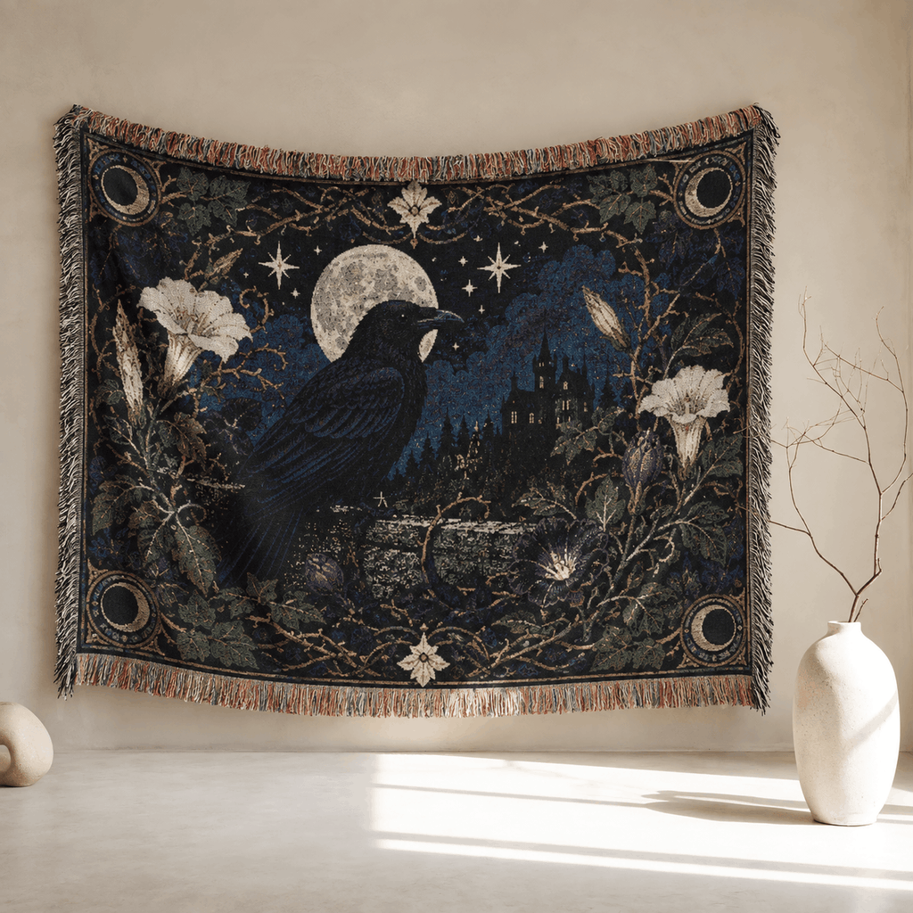 Raven Botanical Moon Crow Woven Blanket Tapestry | Dark Academia Tapestry