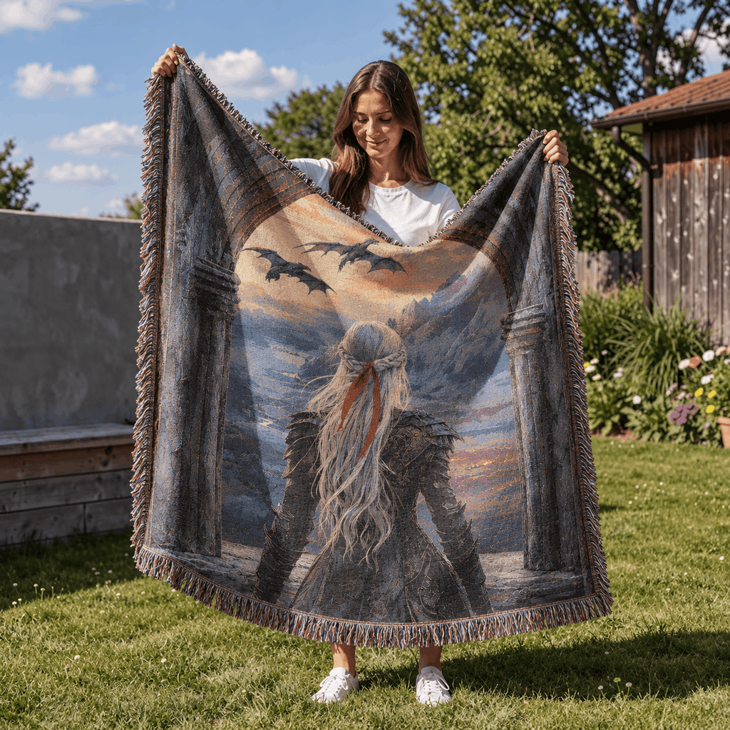 Witch Queen With Dragons Tapestry Woven Blanket