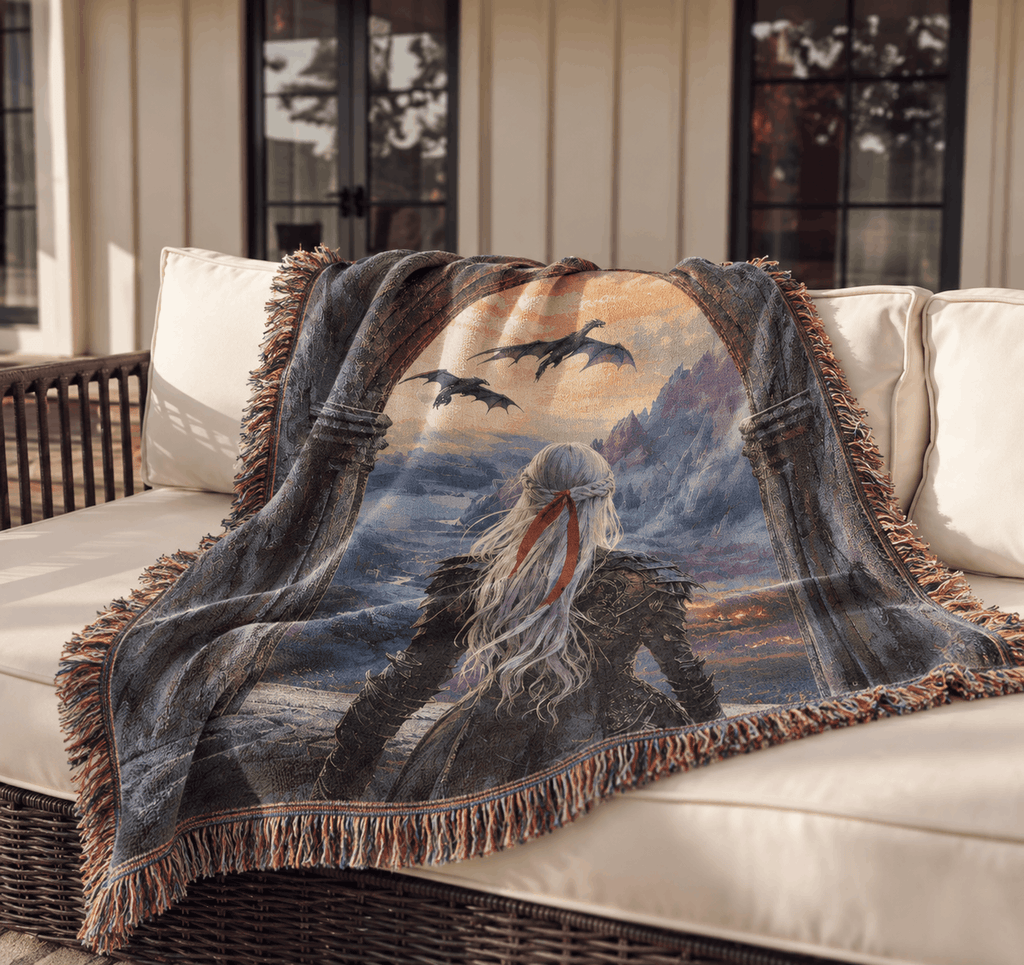 Witch Queen With Dragons Tapestry Woven Blanket