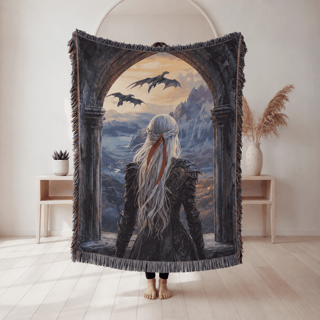 Witch Queen With Dragons Tapestry Woven Blanket