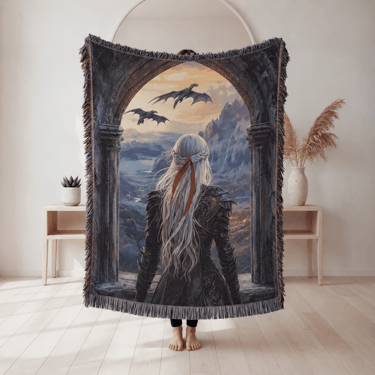 Witch Queen With Dragons Tapestry Woven Blanket