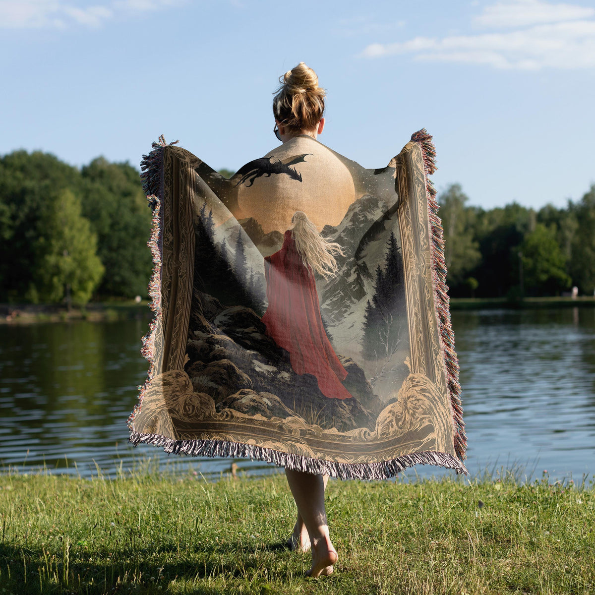 Witch Queen and Wyvern Fantasy Woven Blanket Tapestry