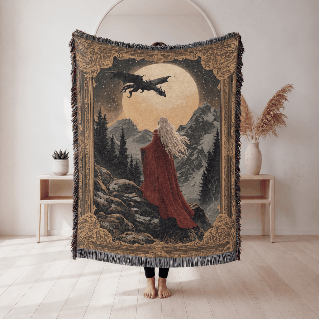 Witch Queen and Wyvern Fantasy Woven Blanket Tapestry