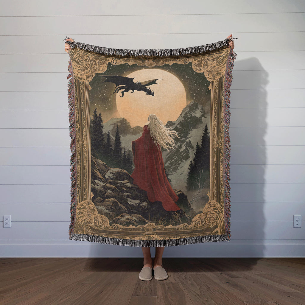 Witch Queen and Wyvern Fantasy Woven Blanket Tapestry