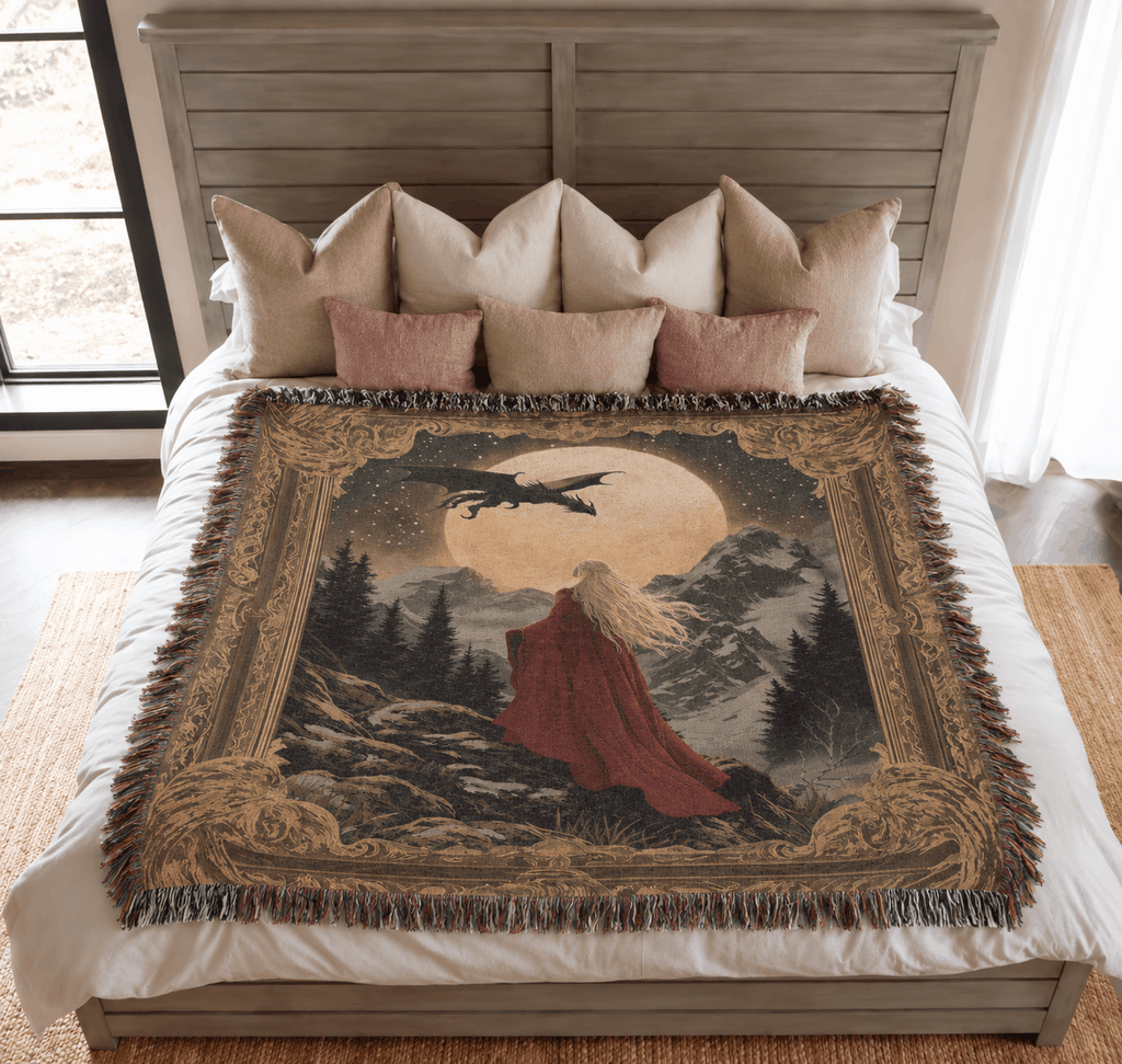 Witch Queen and Wyvern Fantasy Woven Blanket Tapestry
