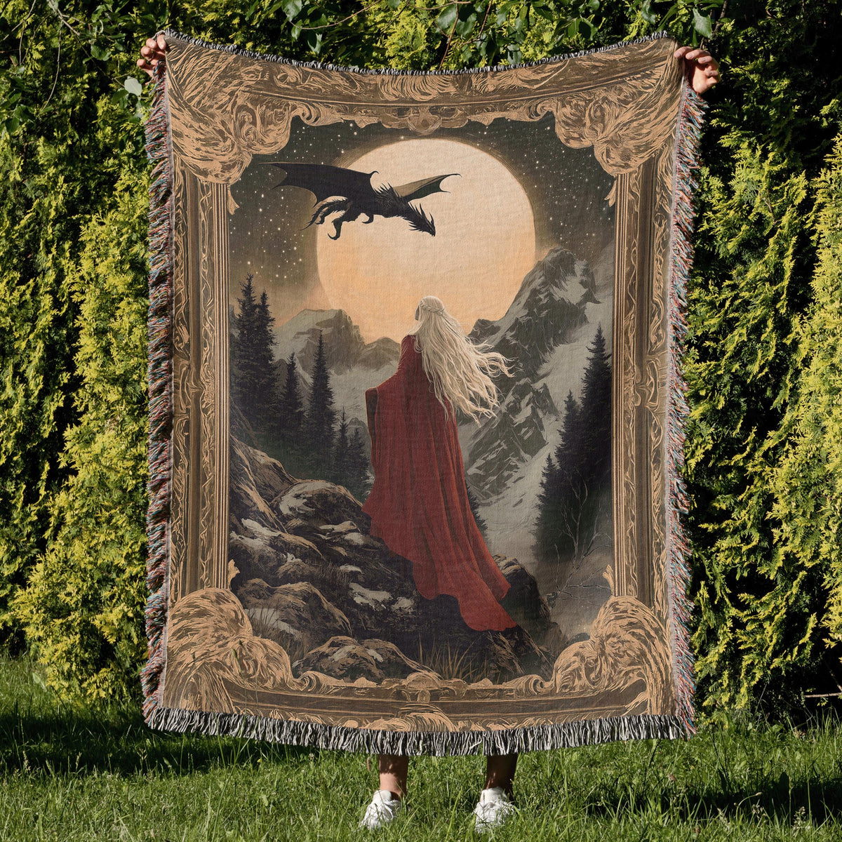 Witch Queen and Wyvern Fantasy Woven Blanket Tapestry