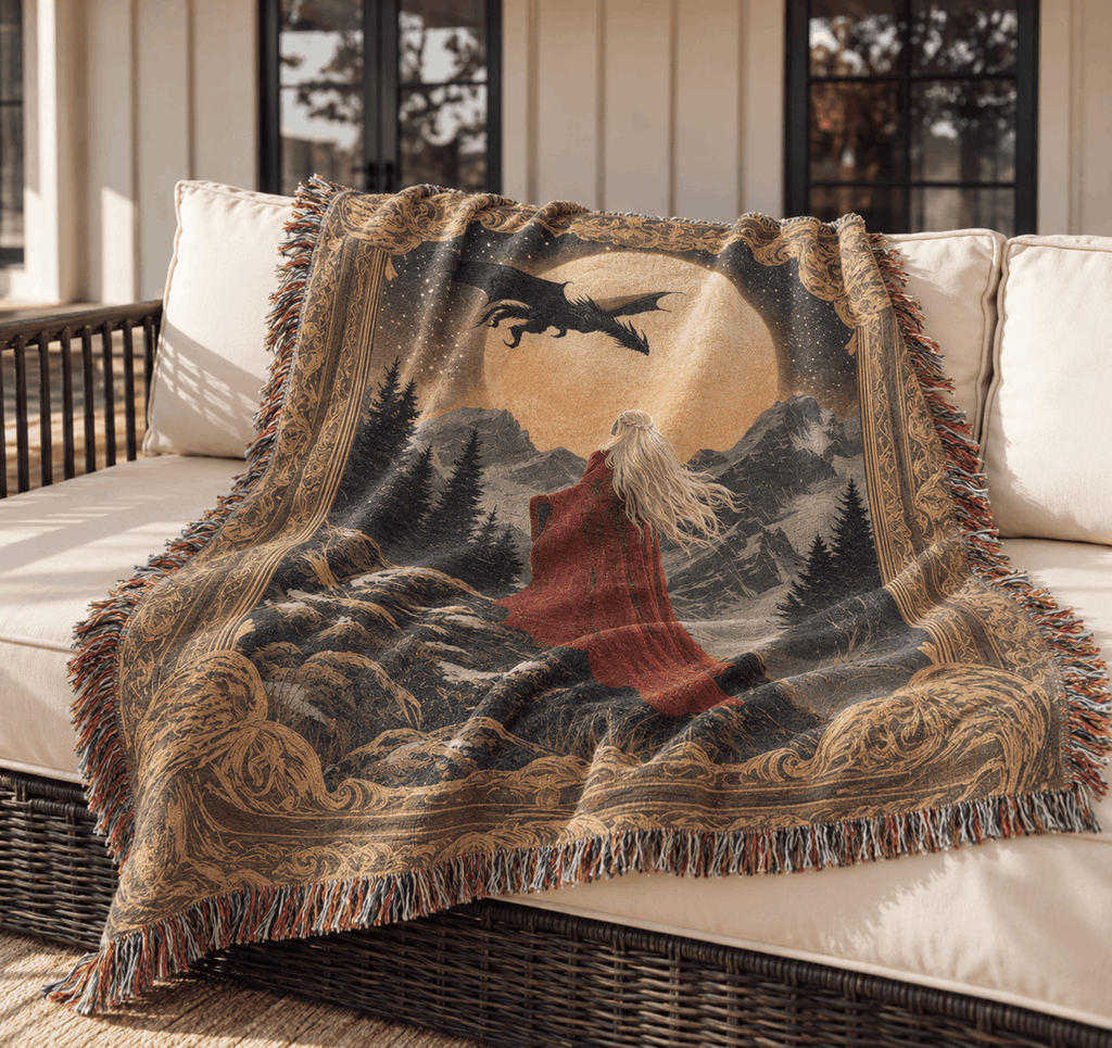 Witch Queen and Wyvern Fantasy Woven Blanket Tapestry
