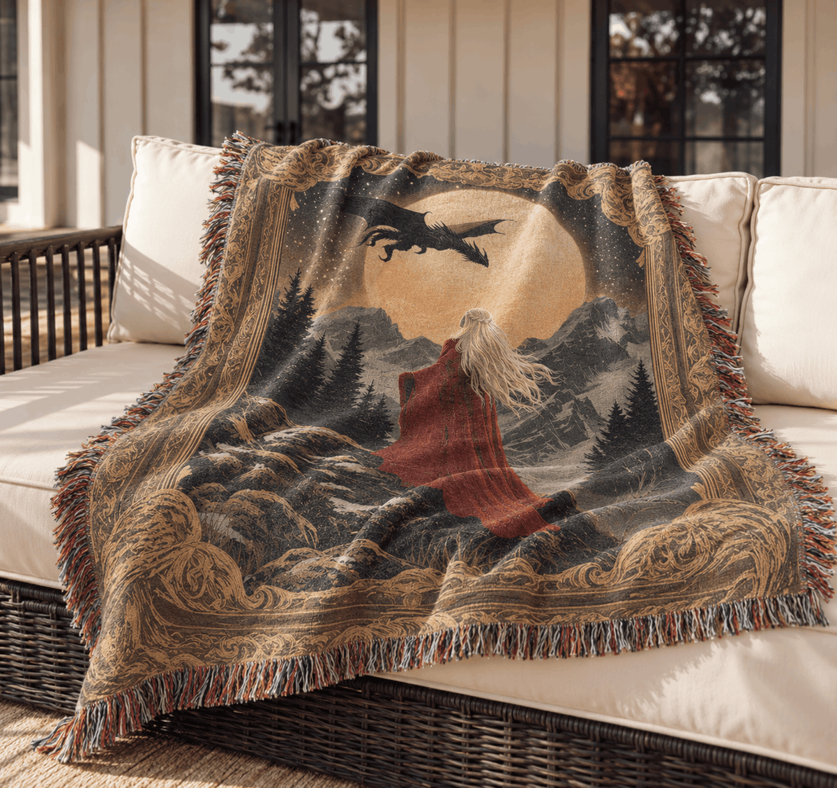 Witch Queen and Wyvern Fantasy Woven Blanket Tapestry