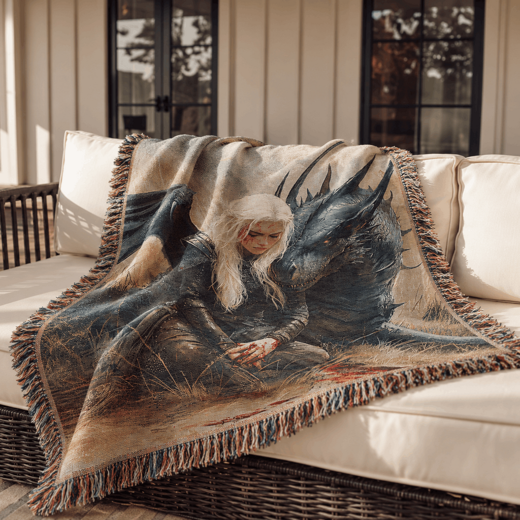 Manon Blackbeak and Abraxos Woven Blanket Tapestry | Sarah J. Maas's Throne of Glass Woven Blanket Tapestry